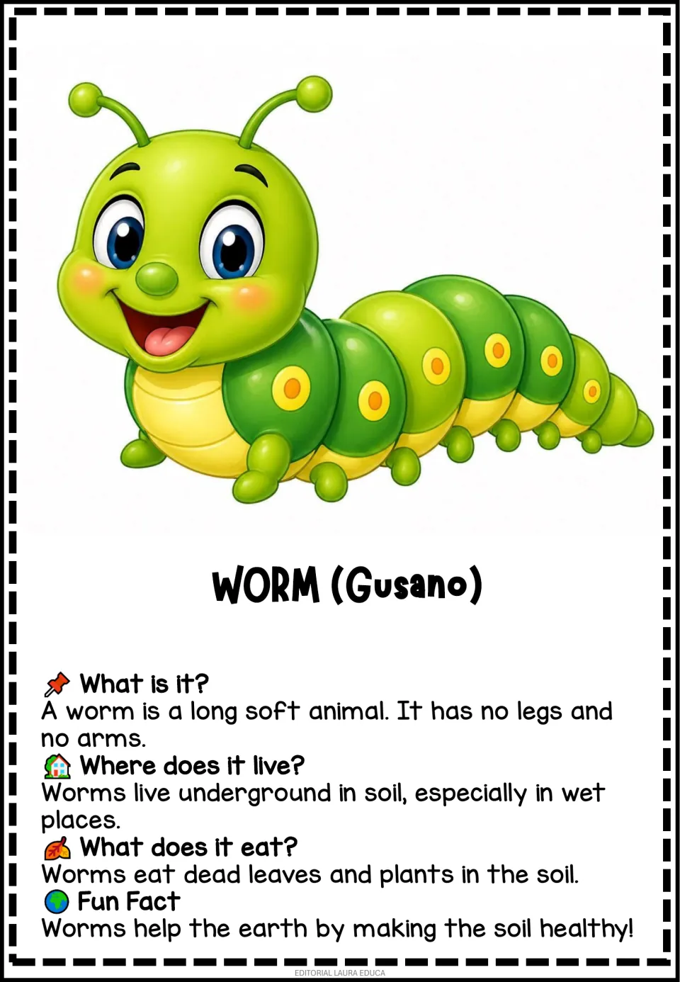 Worm information flashcard labeled 'Gusano' (worm), describing underground life, food, and healthy soil