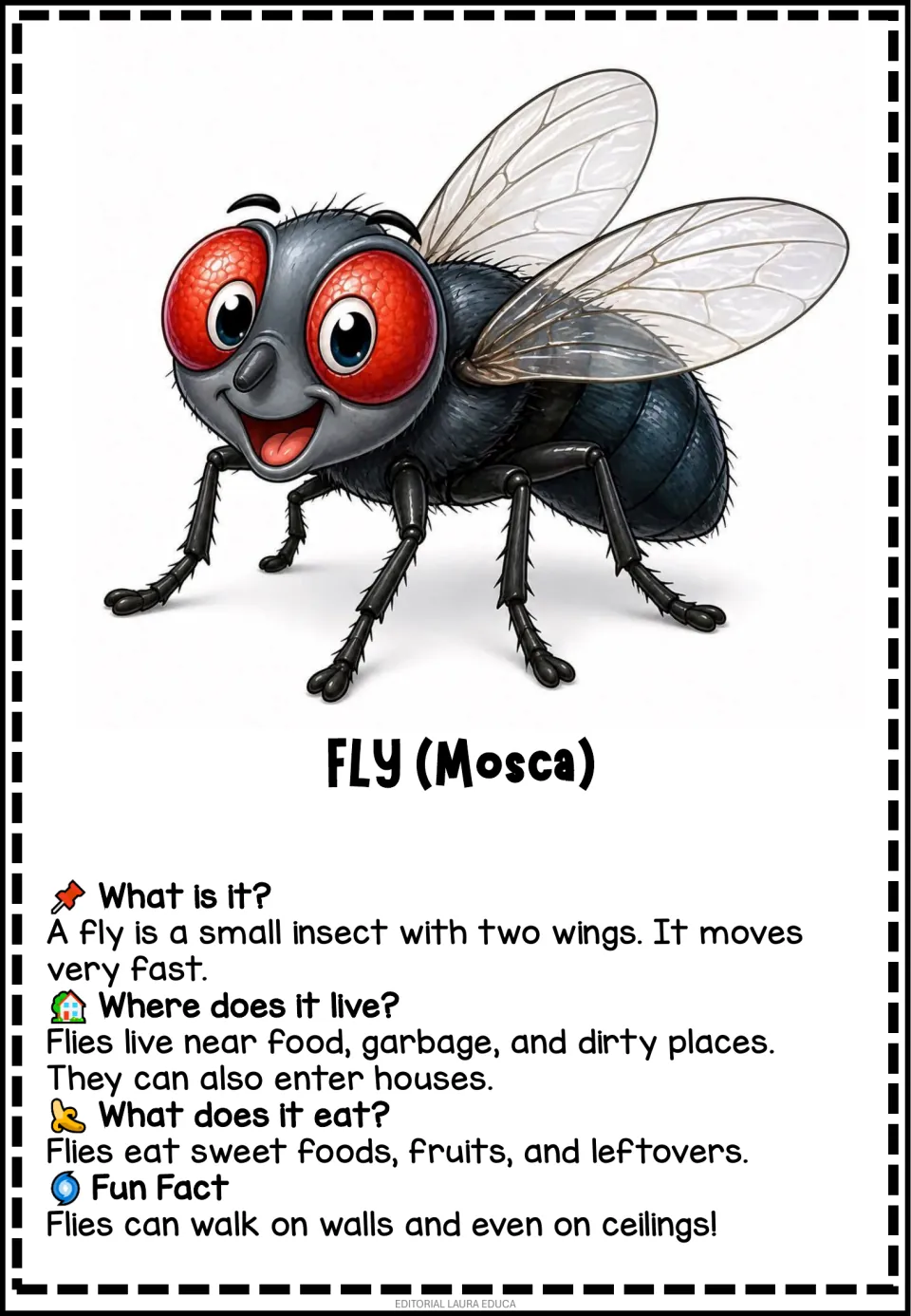 Fly information flashcard labeled 'Mosca' (fly), covering wings, foods, habitats, and walking on ceilings