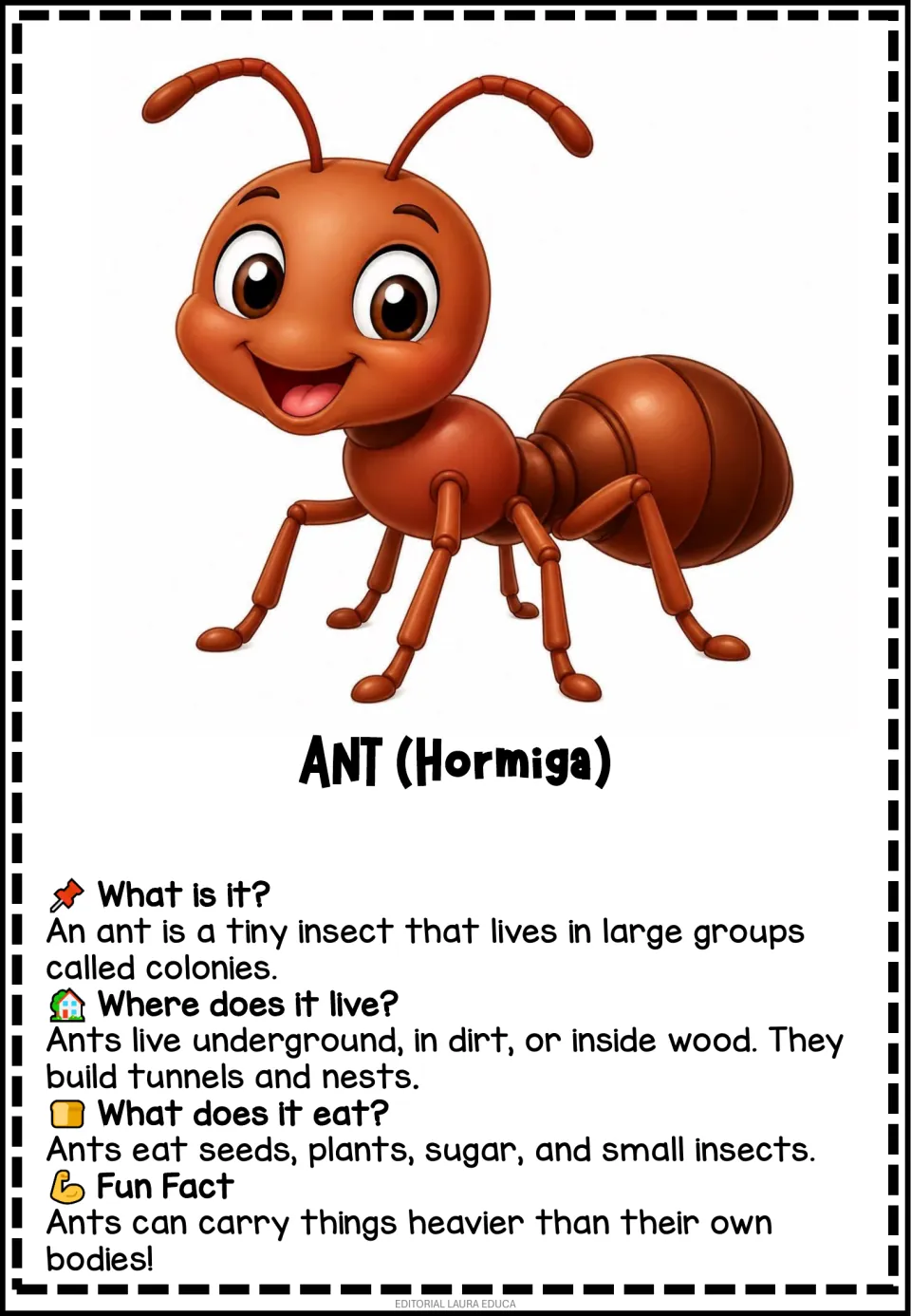 Ant information flashcard labeled 'Hormiga' (ant), describing colonies, tunnels, diet, and carrying strength