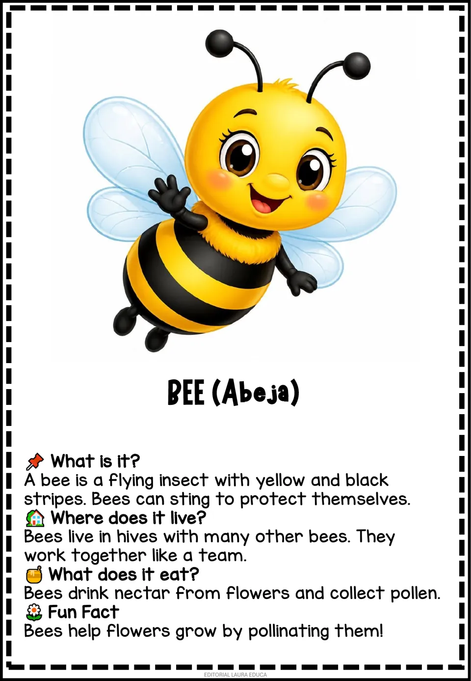 Bee information flashcard labeled 'Abeja' (bee), covering stripes, hives, nectar, pollen, and pollination
