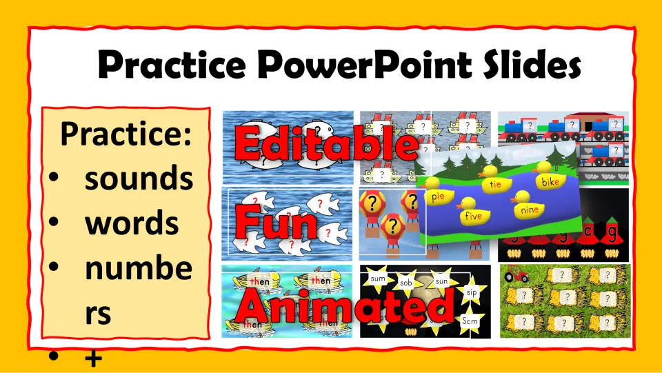 Practice PowerPoint Slides cover introduces editable, animated flashcards for sounds, words, and numbers.