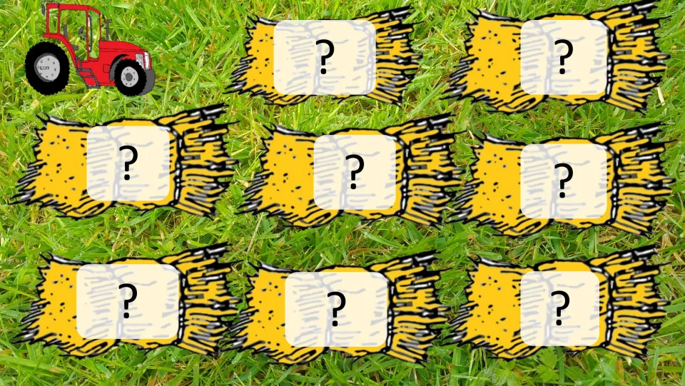 Editable flashcard slide with eight hay bales marked with question marks for customized practice content.