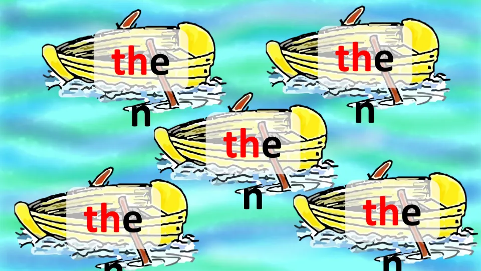 Rowboat flashcard slide repeats 'then' on five boats, with red 'th' and the final 'n' displayed below.