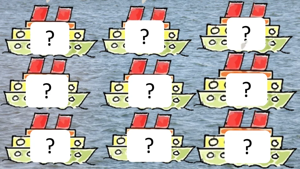 Editable flashcard slide with nine ships displaying question marks as placeholders for practice content.