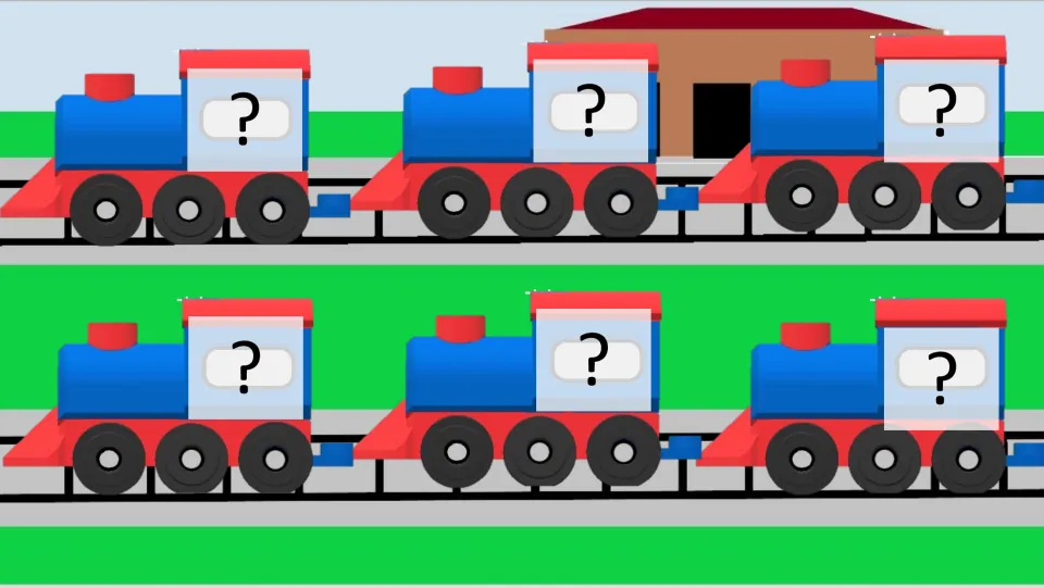 Train flashcard slide shows six engines with question marks for customized sound, word, or number practice.