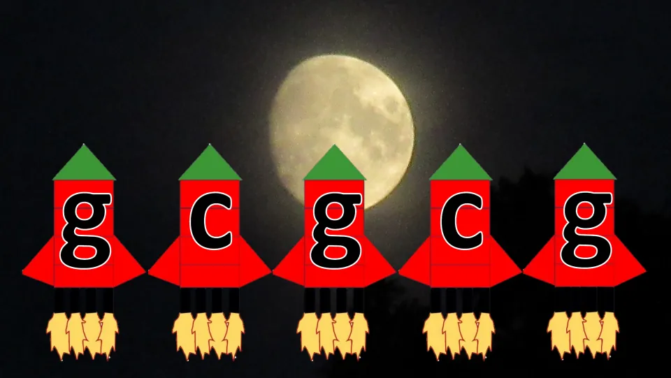 Rocket flashcard slide displays five lowercase letters in sequence: g, c, g, c, g, for letter-sound practice.