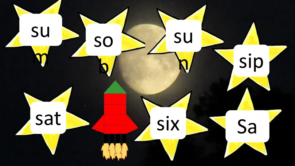 Star flashcard slide shows sum, sob, sun, sip, sat, six, and 'Sa'; the endings of the first three wrap below.