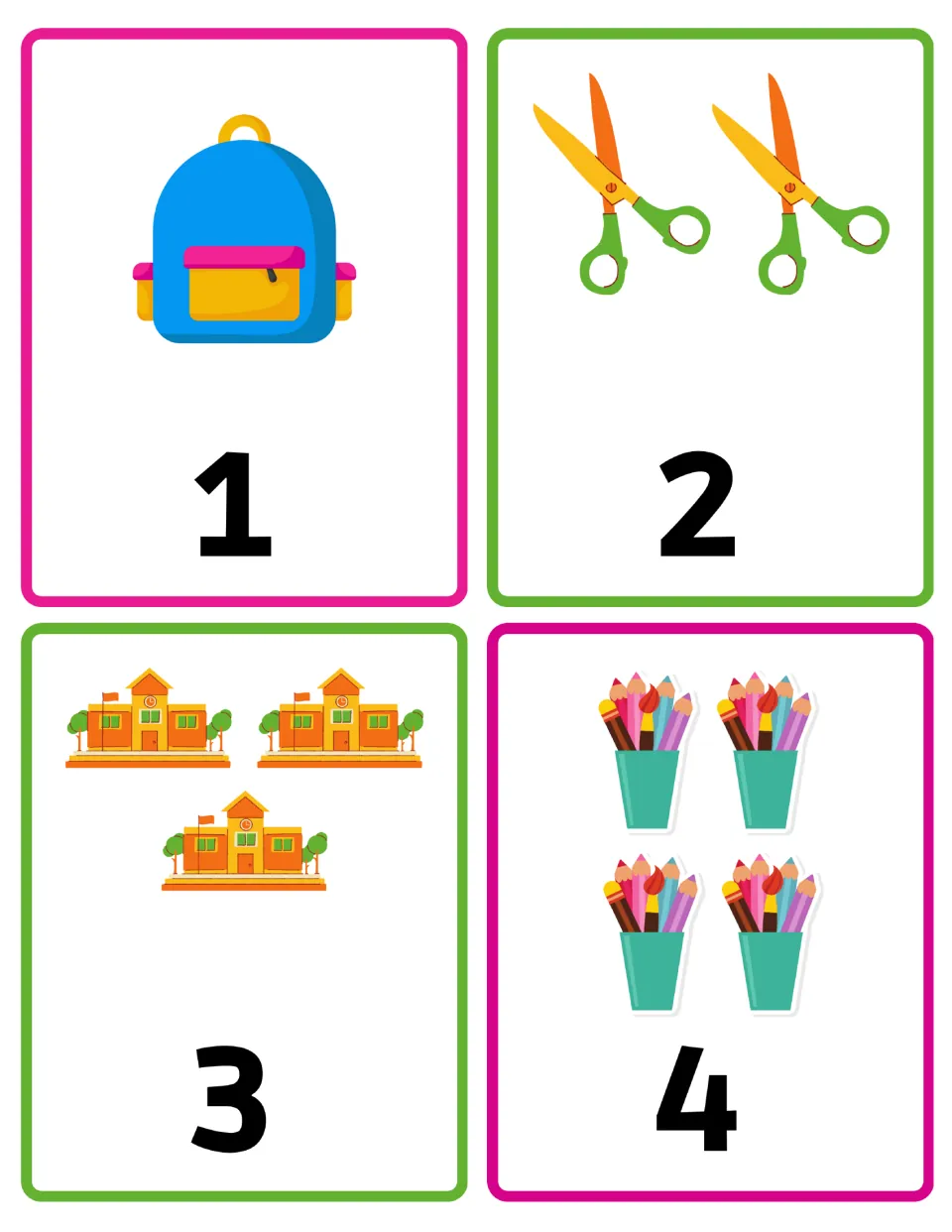 Number flashcards 1–4: one backpack, two pairs of scissors, three schools, and four cups of art supplies