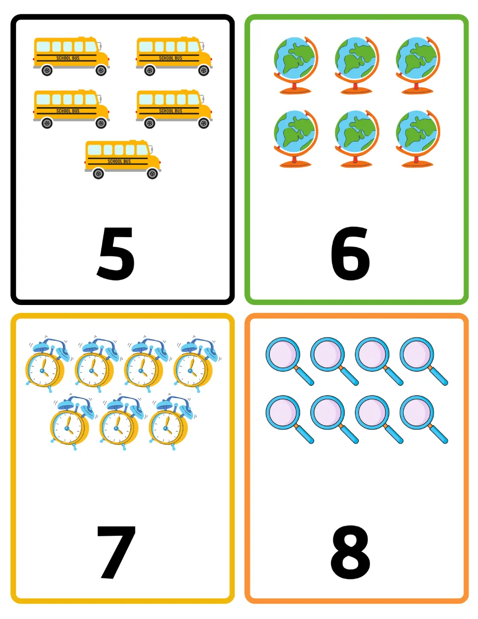 Number flashcards 5–8: five school buses, six globes, seven alarm clocks, and eight magnifying glasses