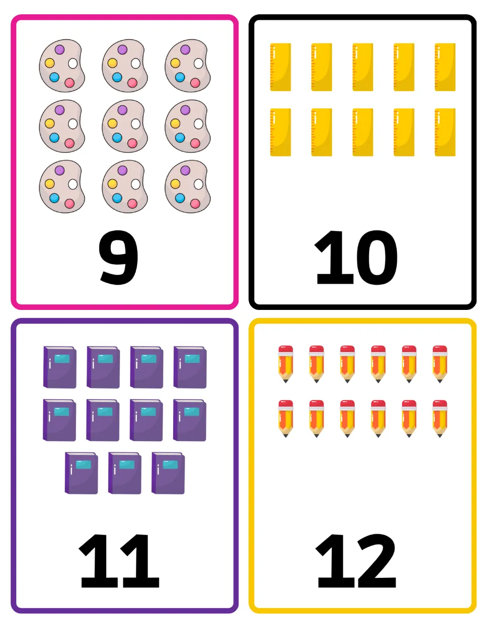 Number flashcards 9–12: nine paint palettes, ten yellow rulers, eleven purple books, and twelve pencils