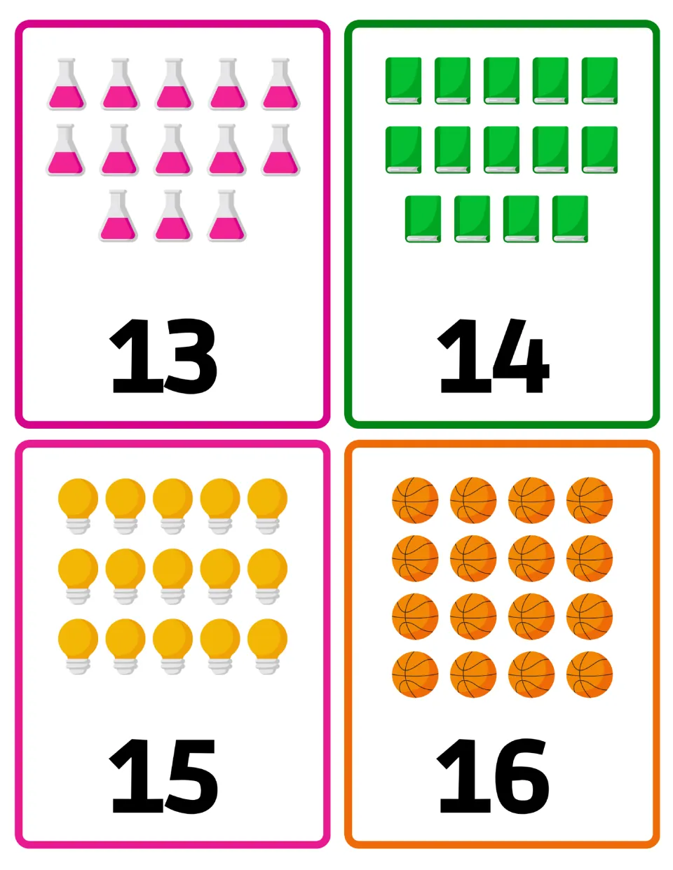 Number flashcards 13–16: thirteen flasks, fourteen books, fifteen light bulbs, and sixteen basketballs