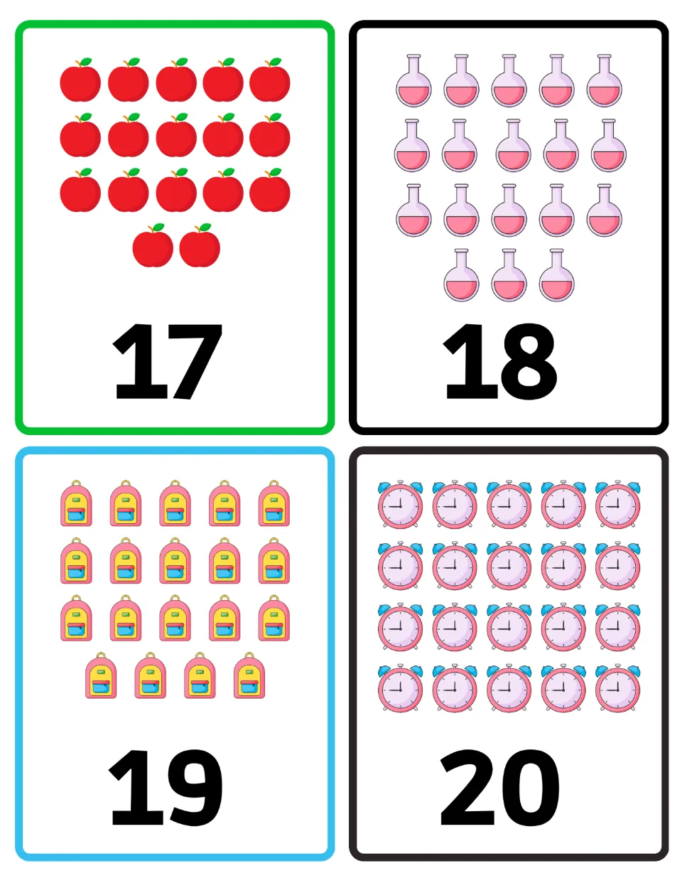 Number flashcards 17–20: seventeen apples, eighteen flasks, nineteen backpacks, and twenty alarm clocks