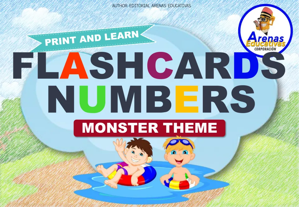 Cover for the monster-themed number flashcard set, labeled 'Print and Learn' and 'Flashcards Numbers'