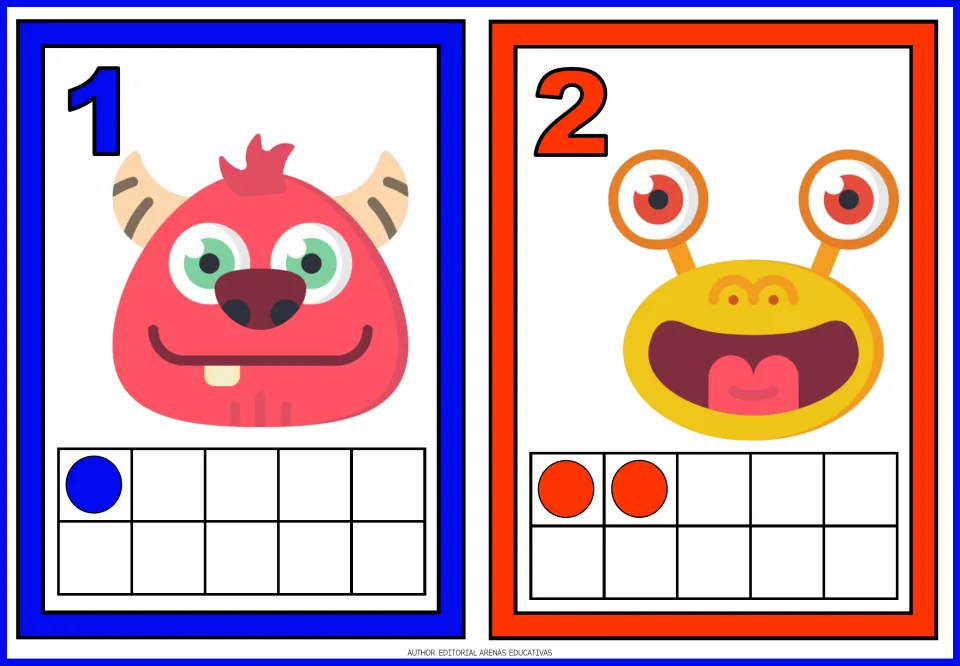 Number flashcards 1 and 2 in the monster set, each showing a monster, a numeral, and matching dot counts