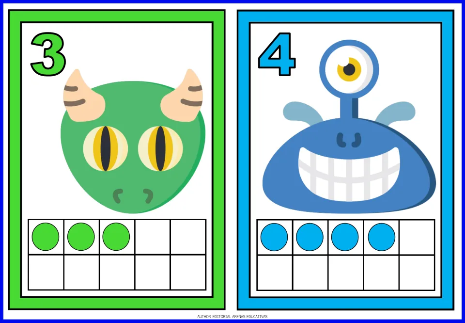 Number flashcards 3 and 4 in the monster set, each showing a monster, a numeral, and matching dot counts