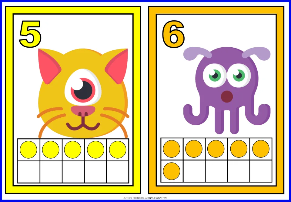 Number flashcards 5 and 6 in the monster set, each showing a monster, a numeral, and matching dot counts