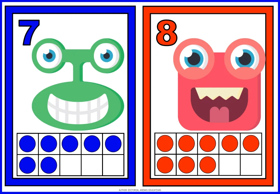 Number flashcards 7 and 8 in the monster set, each showing a monster, a numeral, and matching dot counts