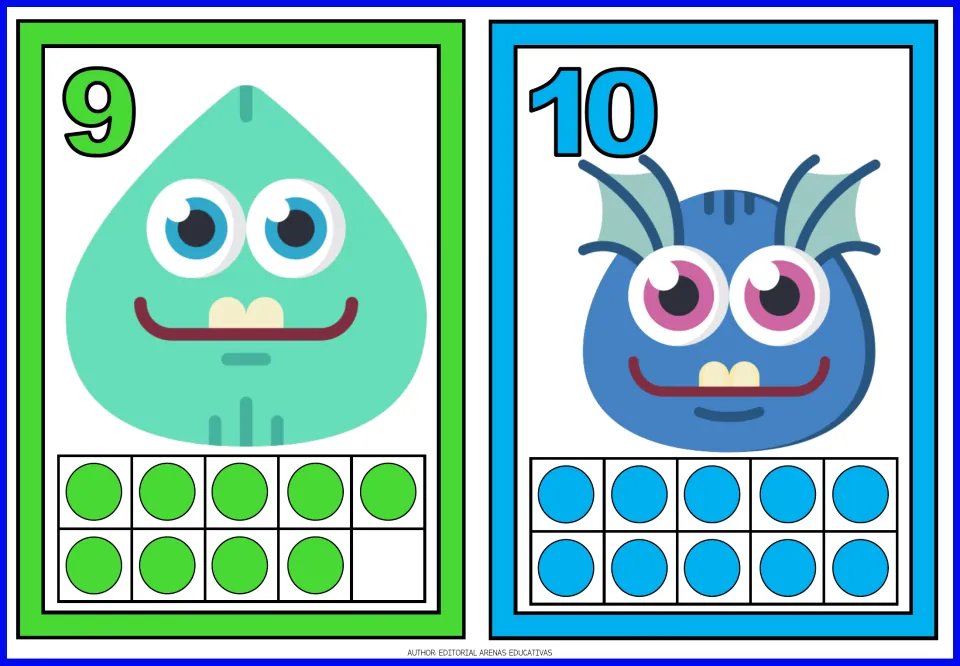 Number flashcards 9 and 10 in the monster set, each showing a monster, a numeral, and matching dot counts