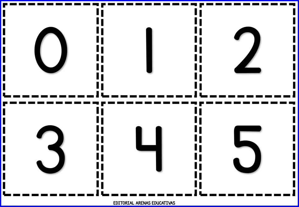 First sheet of cut-out number flashcards, showing six individual numeral cards: 0, 1, 2, 3, 4, and 5