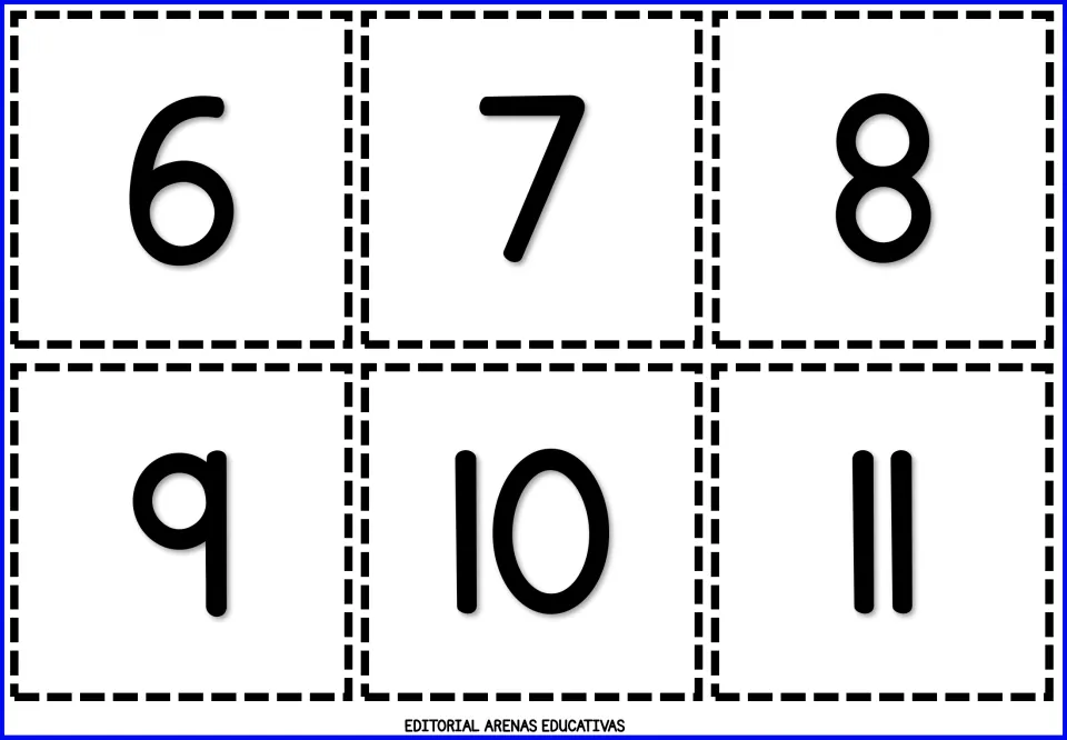 Second sheet of cut-out number flashcards, showing six individual numeral cards: 6, 7, 8, 9, 10, and 11