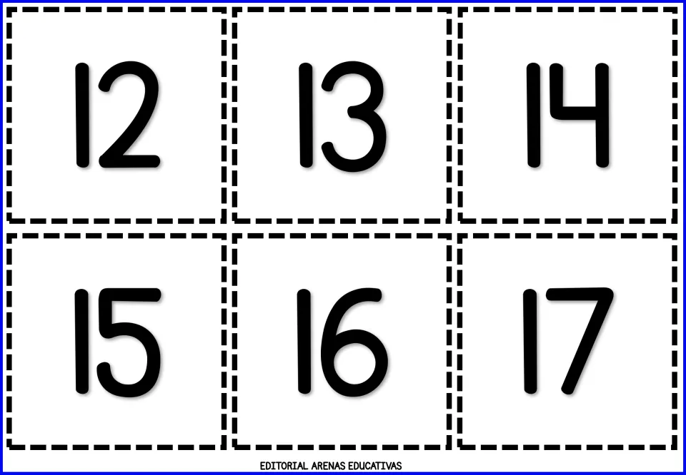Third sheet of cut-out number flashcards, showing six individual numeral cards: 12, 13, 14, 15, 16, and 17