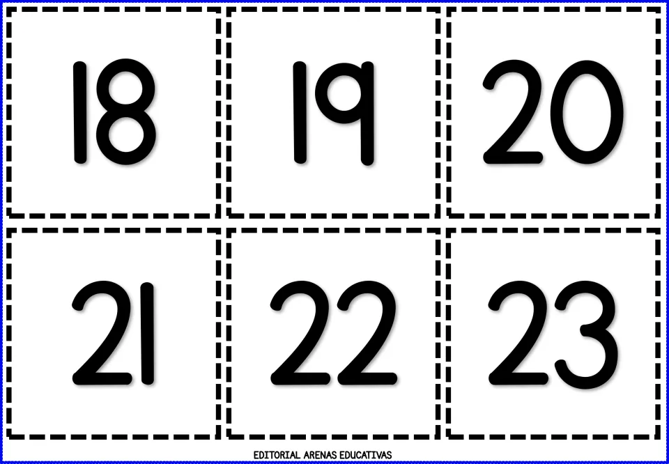 Fourth sheet of cut-out number flashcards, showing six individual numeral cards: 18, 19, 20, 21, 22, and 23