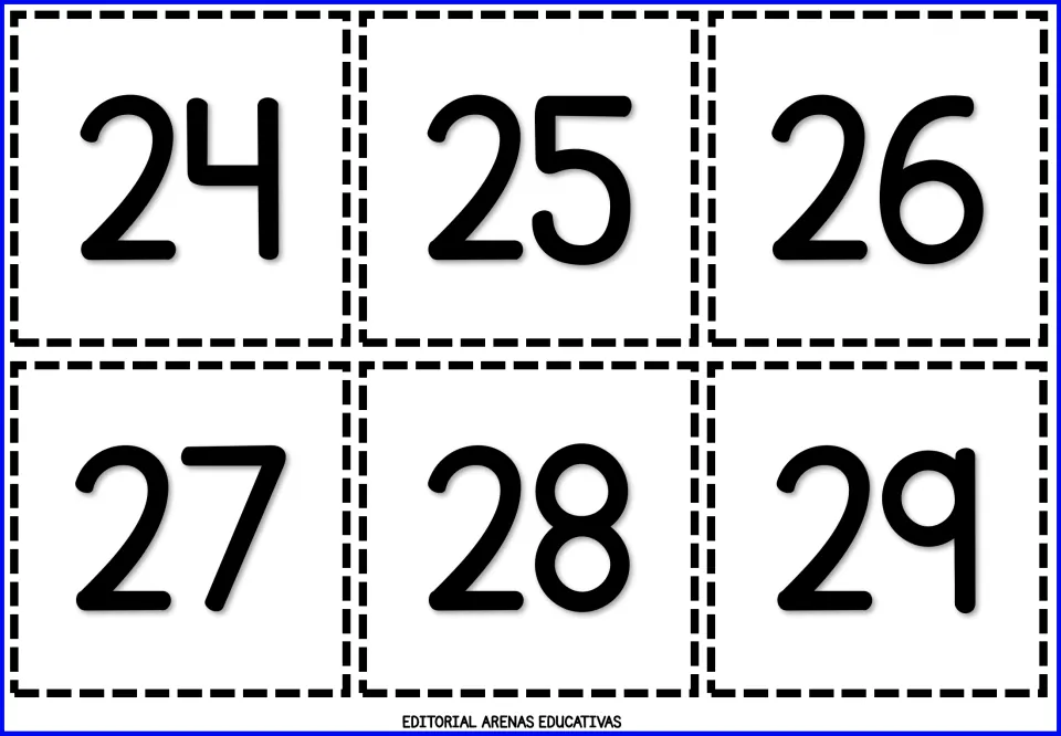 Fifth sheet of cut-out number flashcards, showing six individual numeral cards: 24, 25, 26, 27, 28, and 29
