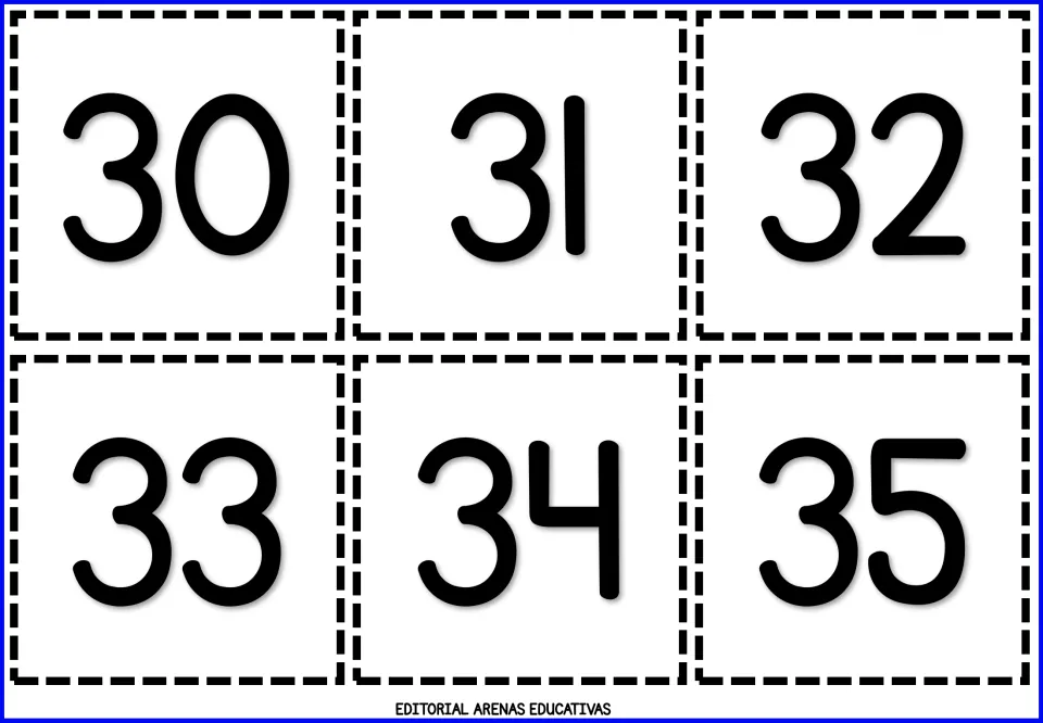 Sixth sheet of cut-out number flashcards, showing six individual numeral cards: 30, 31, 32, 33, 34, and 35