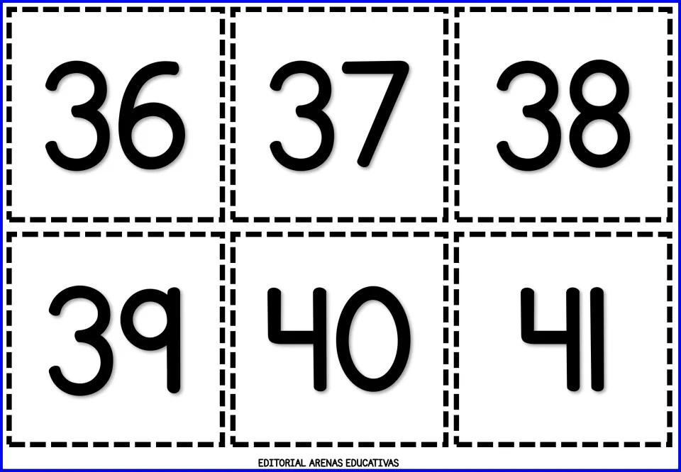 Seventh sheet of cut-out number flashcards, showing six individual numeral cards: 36, 37, 38, 39, 40, and 41