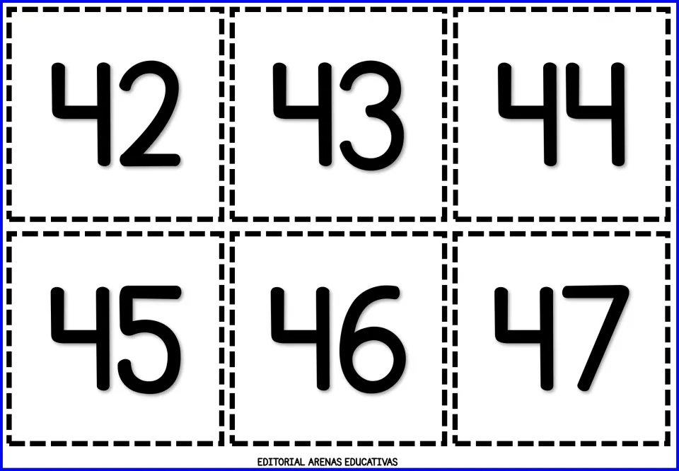 Eighth sheet of cut-out number flashcards, showing six individual numeral cards: 42, 43, 44, 45, 46, and 47