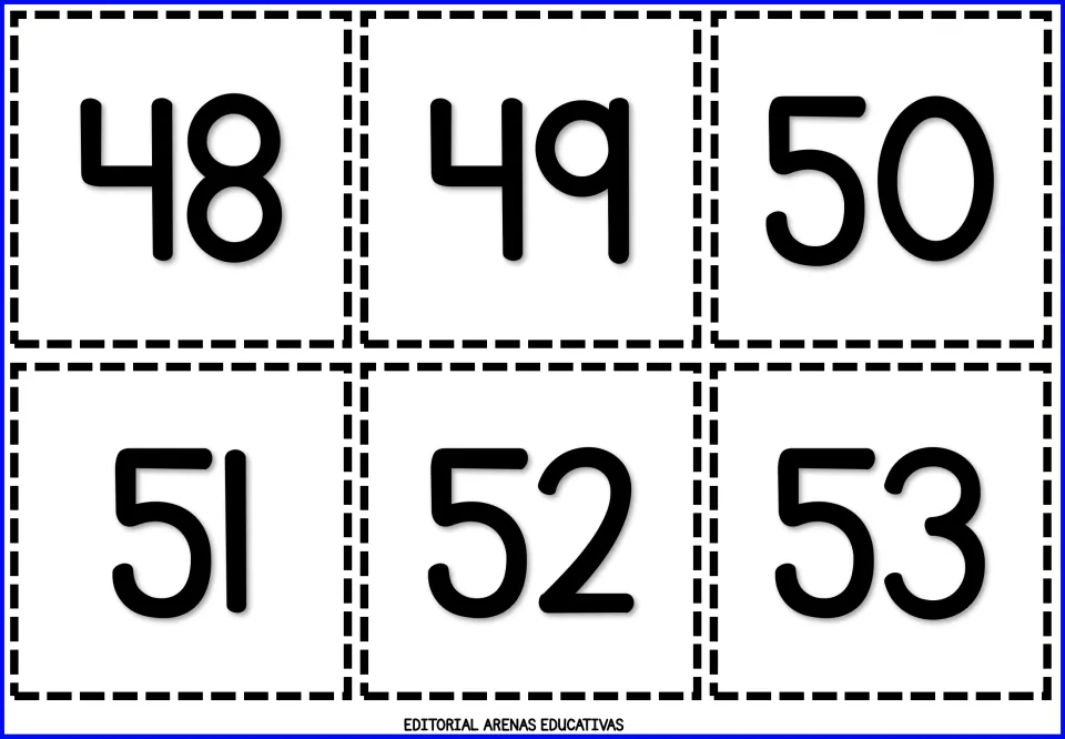 Ninth sheet of cut-out number flashcards, showing six individual numeral cards: 48, 49, 50, 51, 52, and 53