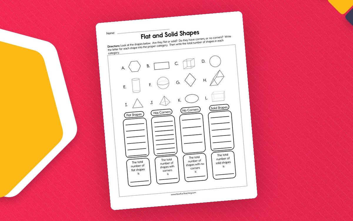 Flat and solid shapes worksheet with pictured shapes and four sorting boxes for shape properties