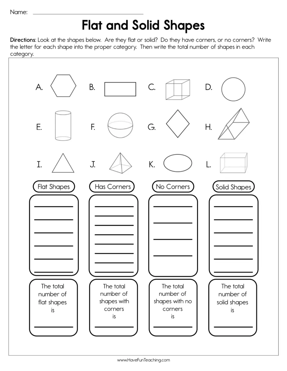 Flat and solid shapes: students write letters for 12 shapes under flat, solid, has corners or no corners, then count each