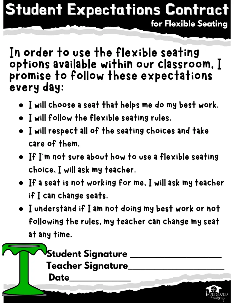 Student Expectations Contract for flexible seating: students agree to six seat-use promises, then sign with the teacher