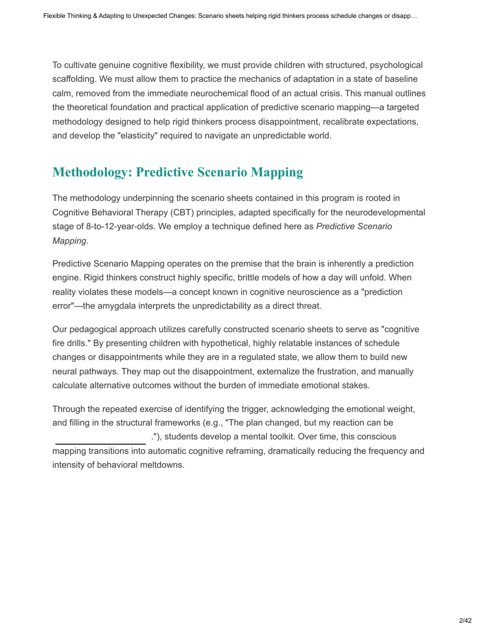 Predictive Scenario Mapping method: CBT-based scenario sheets as cognitive fire drills, with a fill-in reframing sentence
