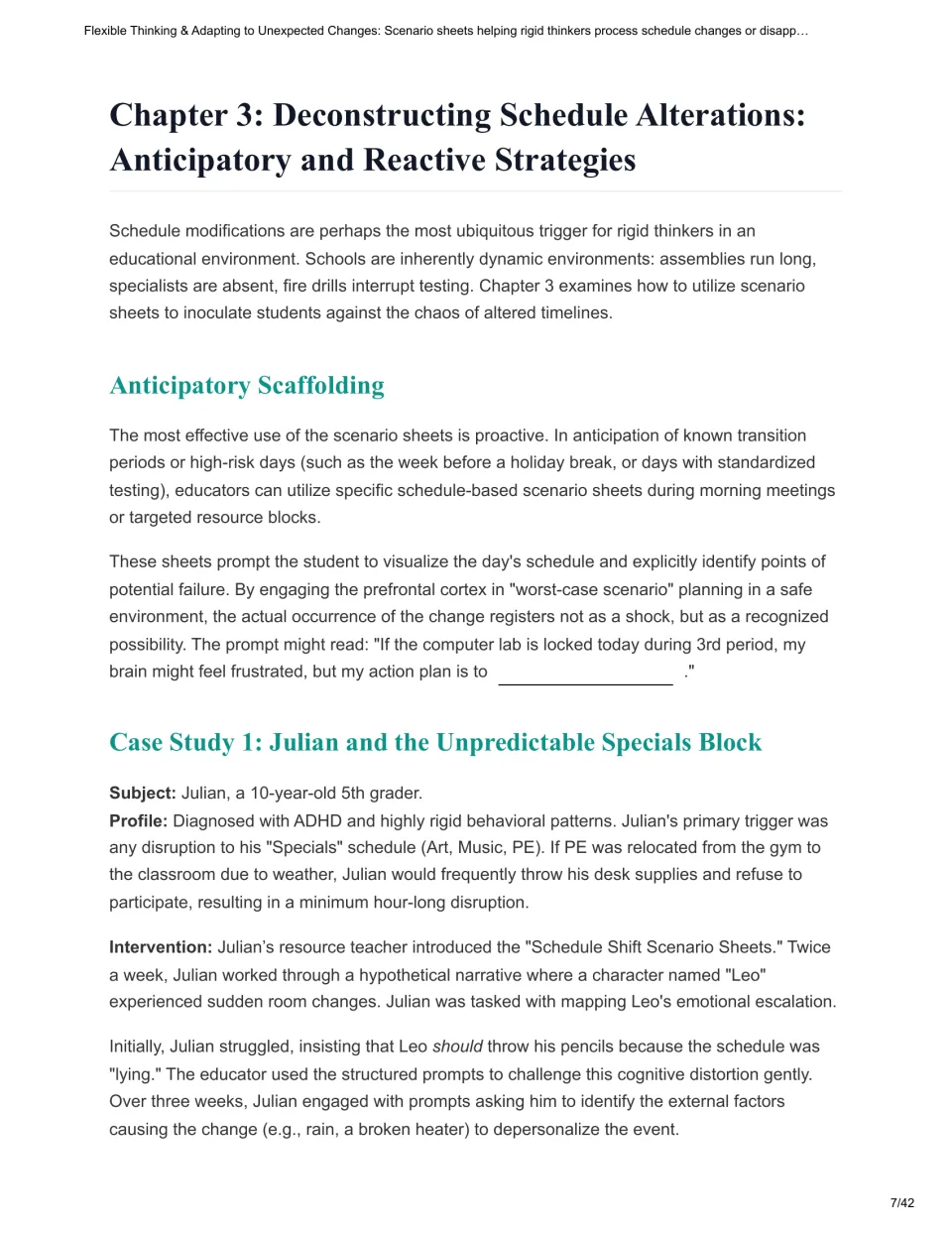 Chapter 3 on schedule changes: anticipatory scaffolding prompts and Case Study 1, Julian and his disrupted Specials block