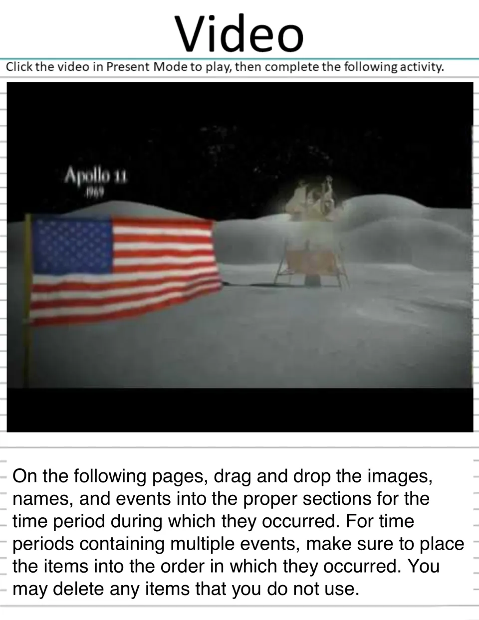 Flight history video activity directs students to sort images, names, and events by time period and order
