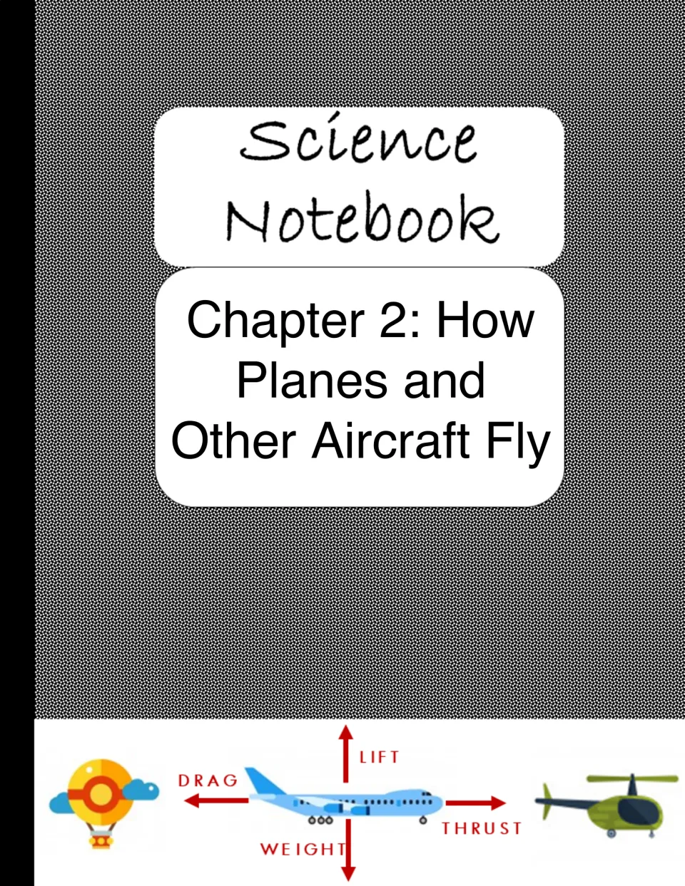 Chapter 2 divider introduces how aircraft fly, with an airplane diagram labeling lift, drag, thrust, and weight