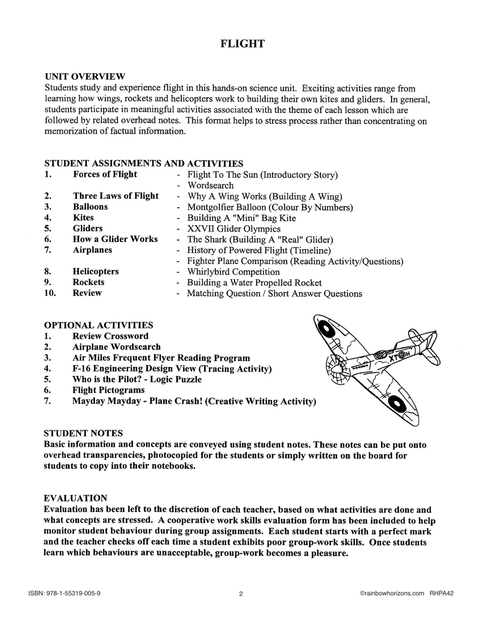 Flight unit overview listing 10 lessons, from Forces of Flight to Rockets and Review, plus 7 optional activities