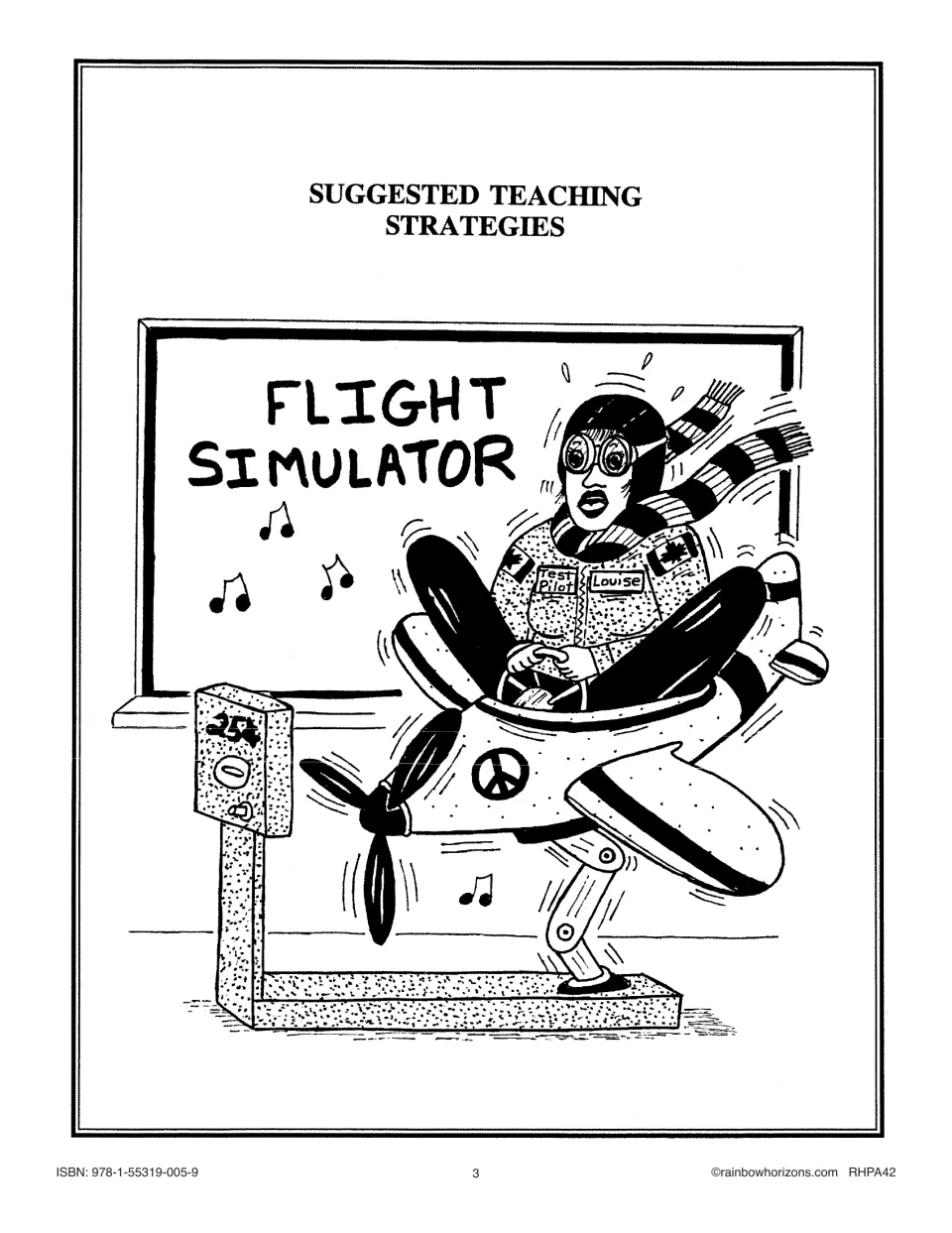 Suggested Teaching Strategies divider page: test pilot Louise rides a coin-operated Flight Simulator