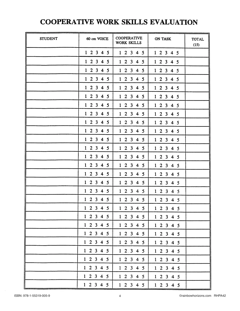 Cooperative Work Skills Evaluation form rating each student 1–5 on 60 cm voice, cooperative work skills and on task