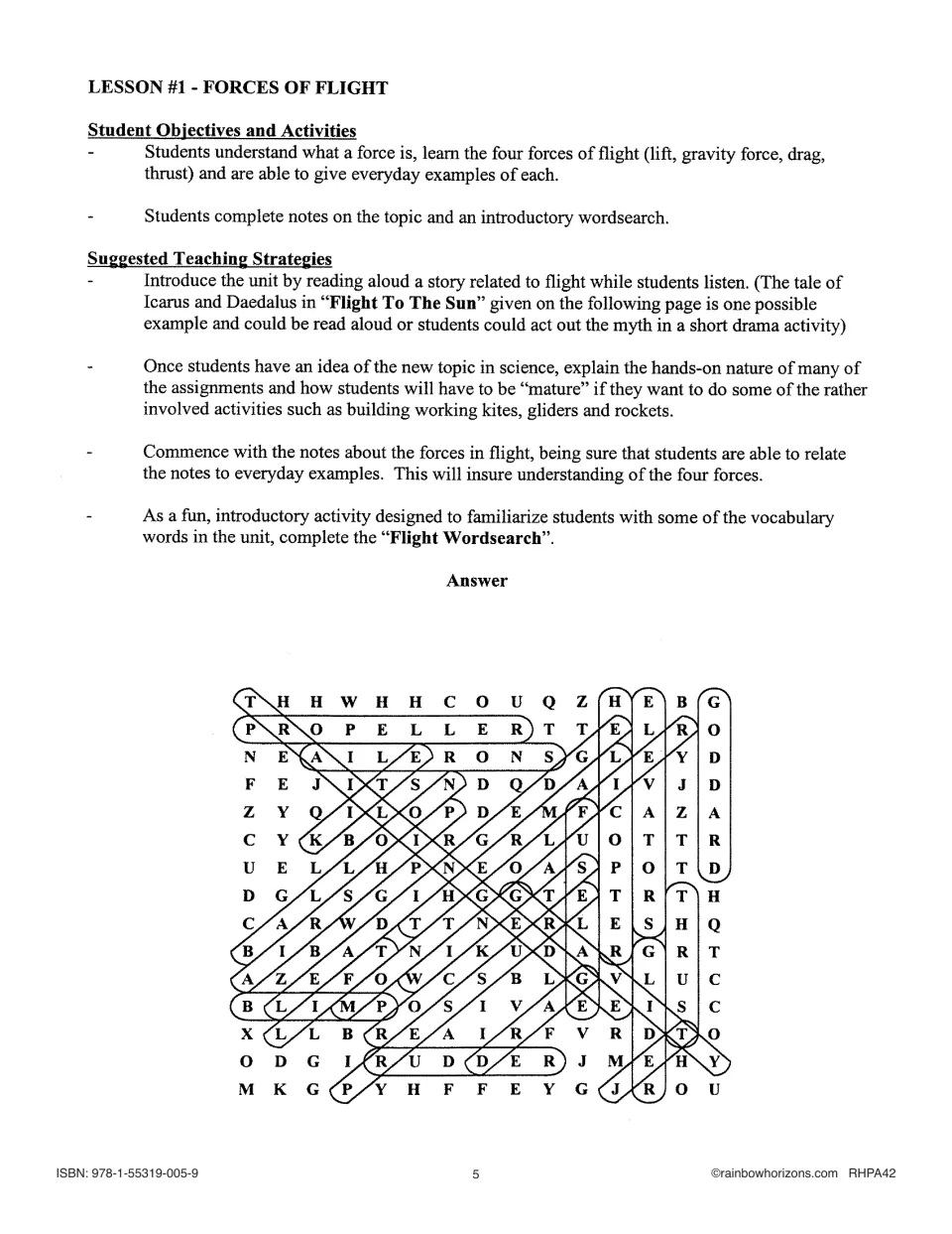 Lesson 1 Forces of Flight teacher notes on lift, gravity, drag and thrust, with the Flight Wordsearch answer key