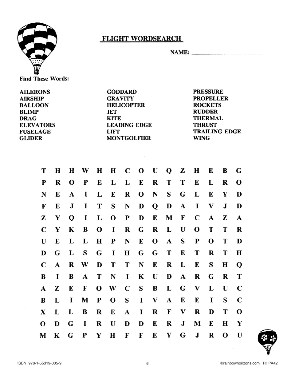Flight Wordsearch with 24 words to find, including ailerons, glider, Montgolfier, propeller and thrust