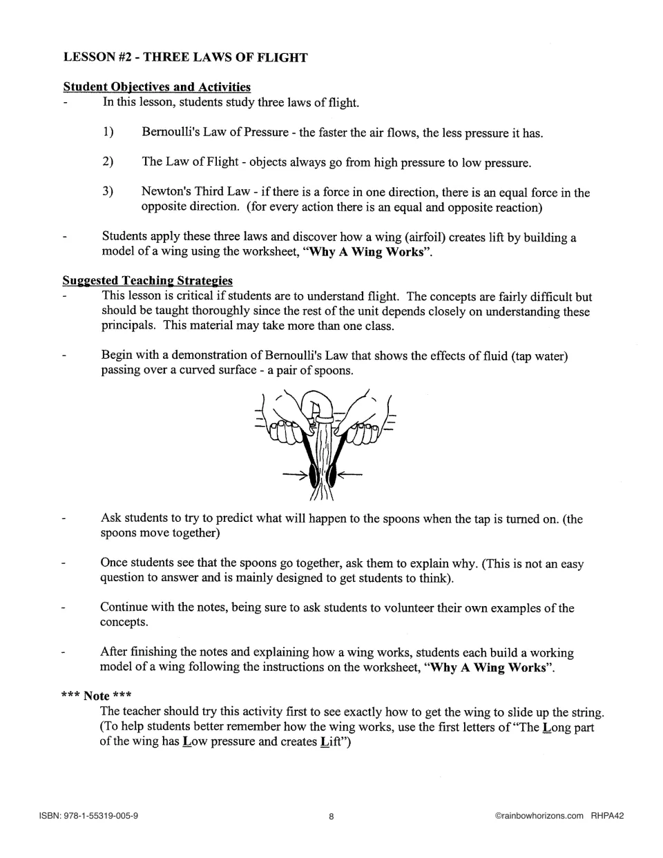 Lesson 2 teacher notes on Bernoulli's law, the law of flight and Newton's third law, with a spoon-and-tap demo