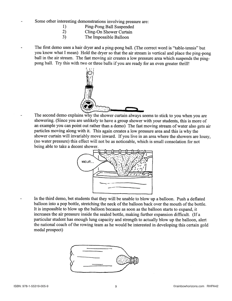 Lesson 2 pressure demos: ping-pong ball over a hair dryer, cling-on shower curtain and the impossible balloon