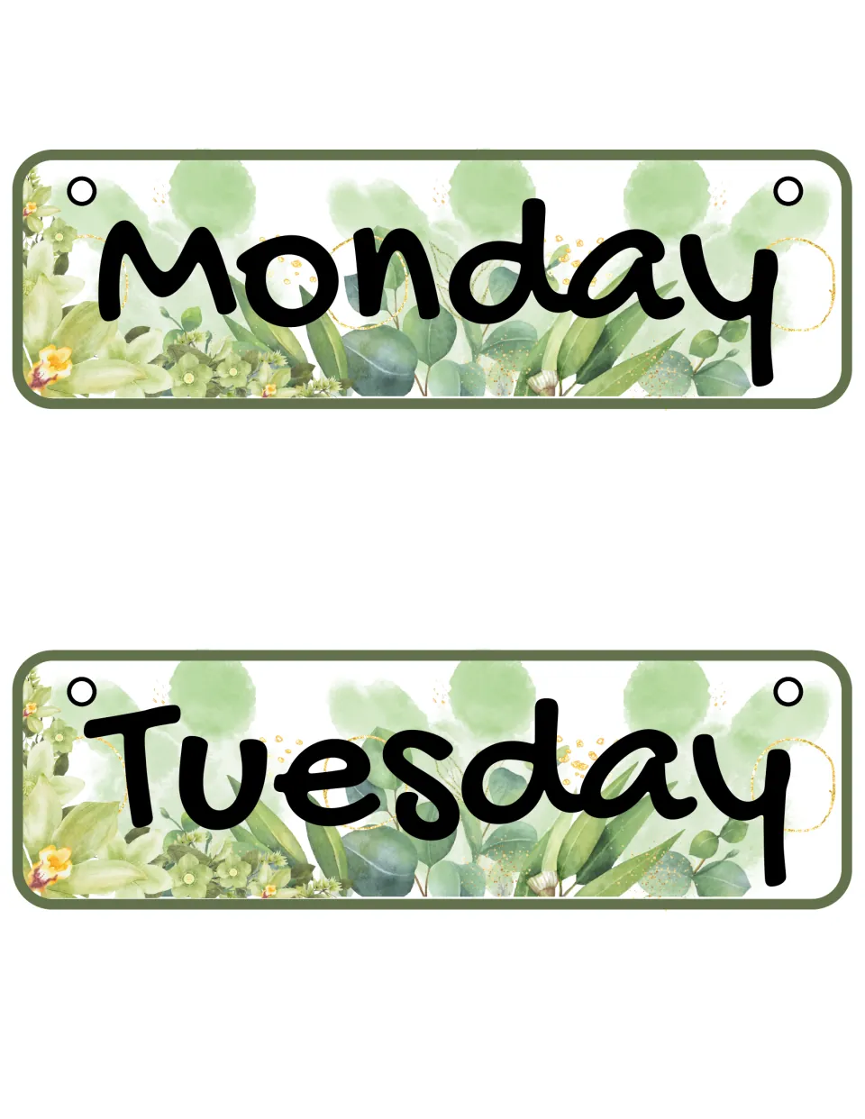 Days of the week: Monday and Tuesday flip calendar cards in bold black lettering over watercolor eucalyptus leaves