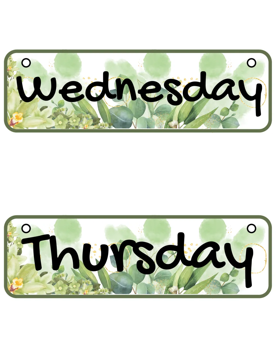 Days of the week: Wednesday and Thursday calendar cards with hole punches for hanging, set on green eucalyptus foliage