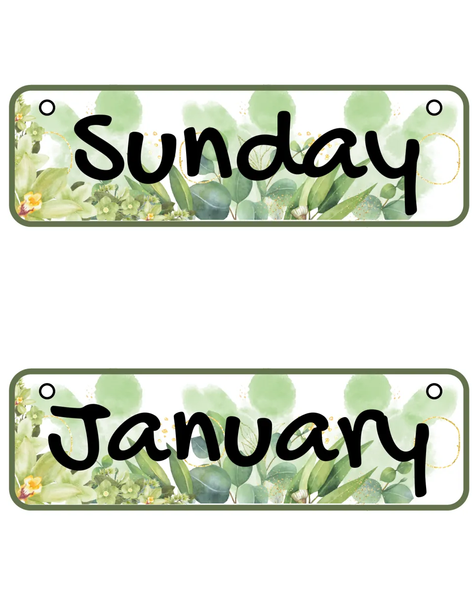 Sunday card closing the days of the week, plus a January card opening the months set, both on eucalyptus leaf artwork