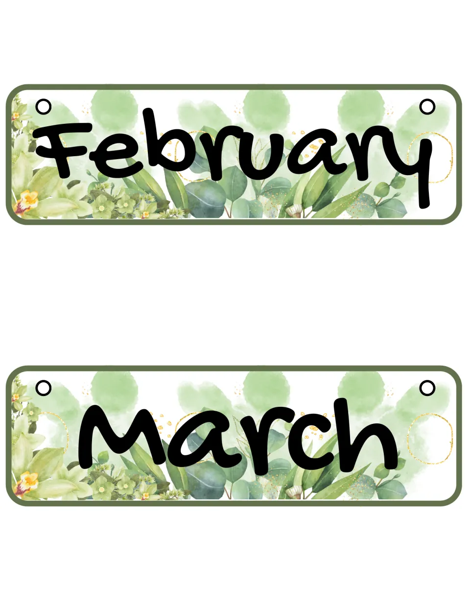 Months of the year: February and March calendar cards in bold black print over soft green watercolor and eucalyptus