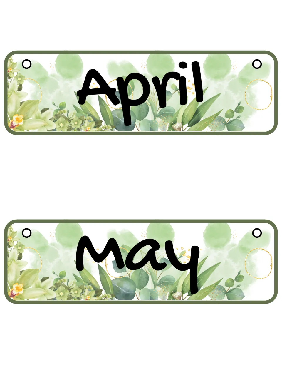 Months of the year: April and May cards with two hanging holes each, lettered in black over leafy eucalyptus stems